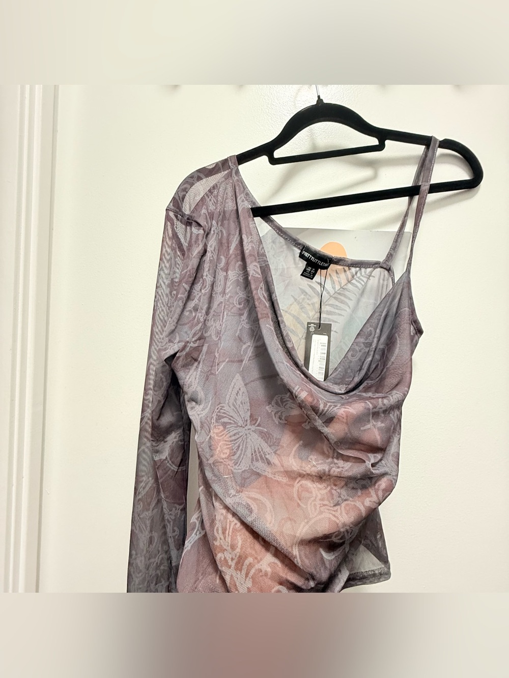NWT Sheer Grey Mesh Swirl Print One Sleeve Long Cowl Neck Top US 12